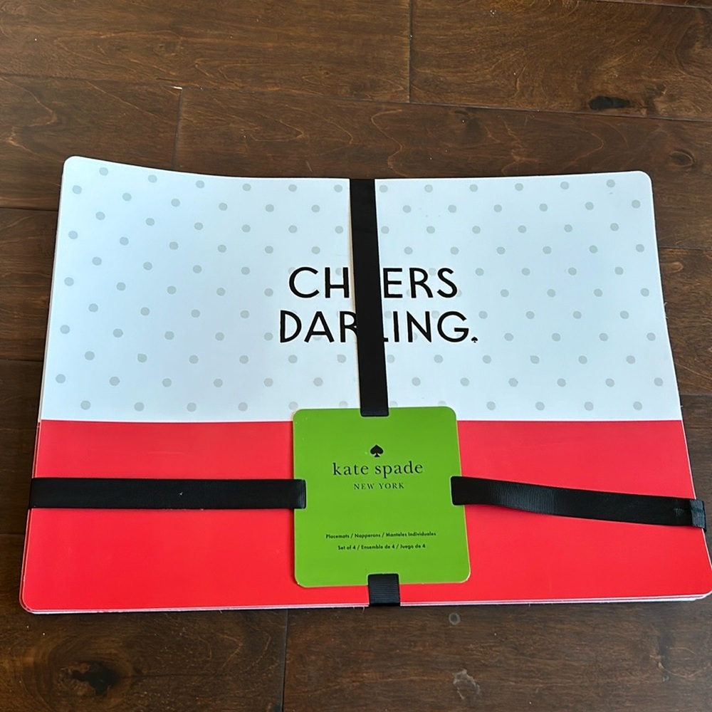 Kate Spade Red White Christmas Placemat Set of 4 “Cheers Darling” NEW Polka Dot